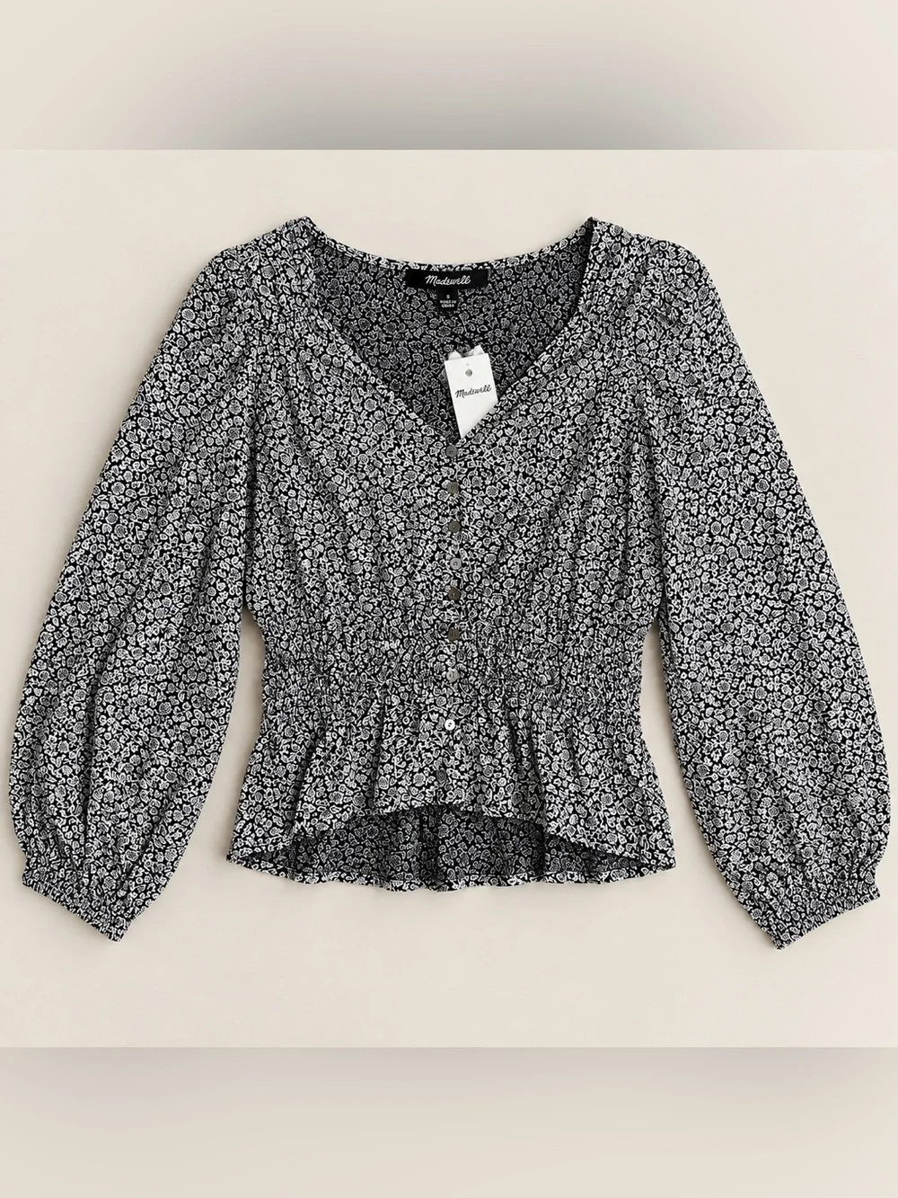 Madewell Floral Peplum Blouse Black White Long Sleeve Button Front Size S NWT